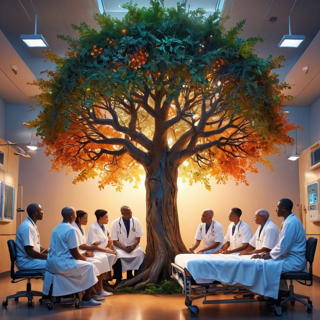 A powerful and emotional scene depicting a diverse group of doctors and patients in a hospital setting, exchanging stories of hope and resilience. Include symbolic elements like a large tree with vibrant leaves representing growth and healing, with light illuminating the area, showcasing warmth and strength. The background features images of DNA strands and medical equipment, emphasizing the battle against cancer. super-realistic. vibrant colors. warm lighting.