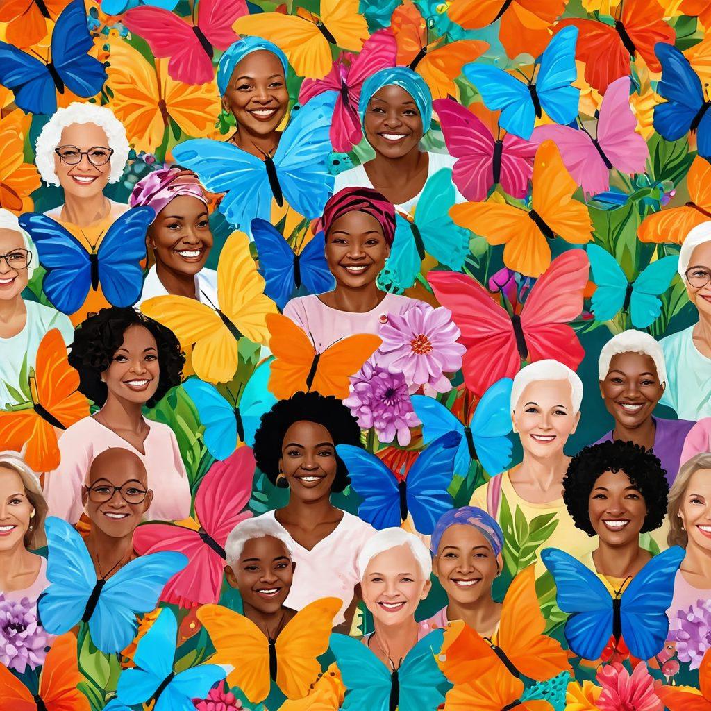 A vibrant collage of diverse cancer survivors, each smiling brightly and sharing their unique stories. Include symbols of hope like butterflies and flowers surrounding them, with soft, warm lighting that conveys positivity and strength. The background should depict abstract representations of their journeys, like winding paths or mountains, symbolizing their resilience. super-realistic. vibrant colors. uplifting atmosphere.