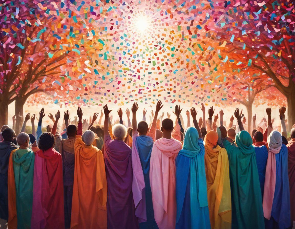 A powerful scene depicting a diverse group of cancer survivors sharing their stories in a bright, open space filled with supportive community members. Each survivor displays a unique symbol of hope, like colorful ribbons or photographs of loved ones, creating a mosaic of resilience. Soft sunlight filters through, illuminating their expressions of strength and solidarity. The background features elements of research and advocacy, like charts, test tubes, and messages of awareness. soft focus. vibrant colors. inspirational.